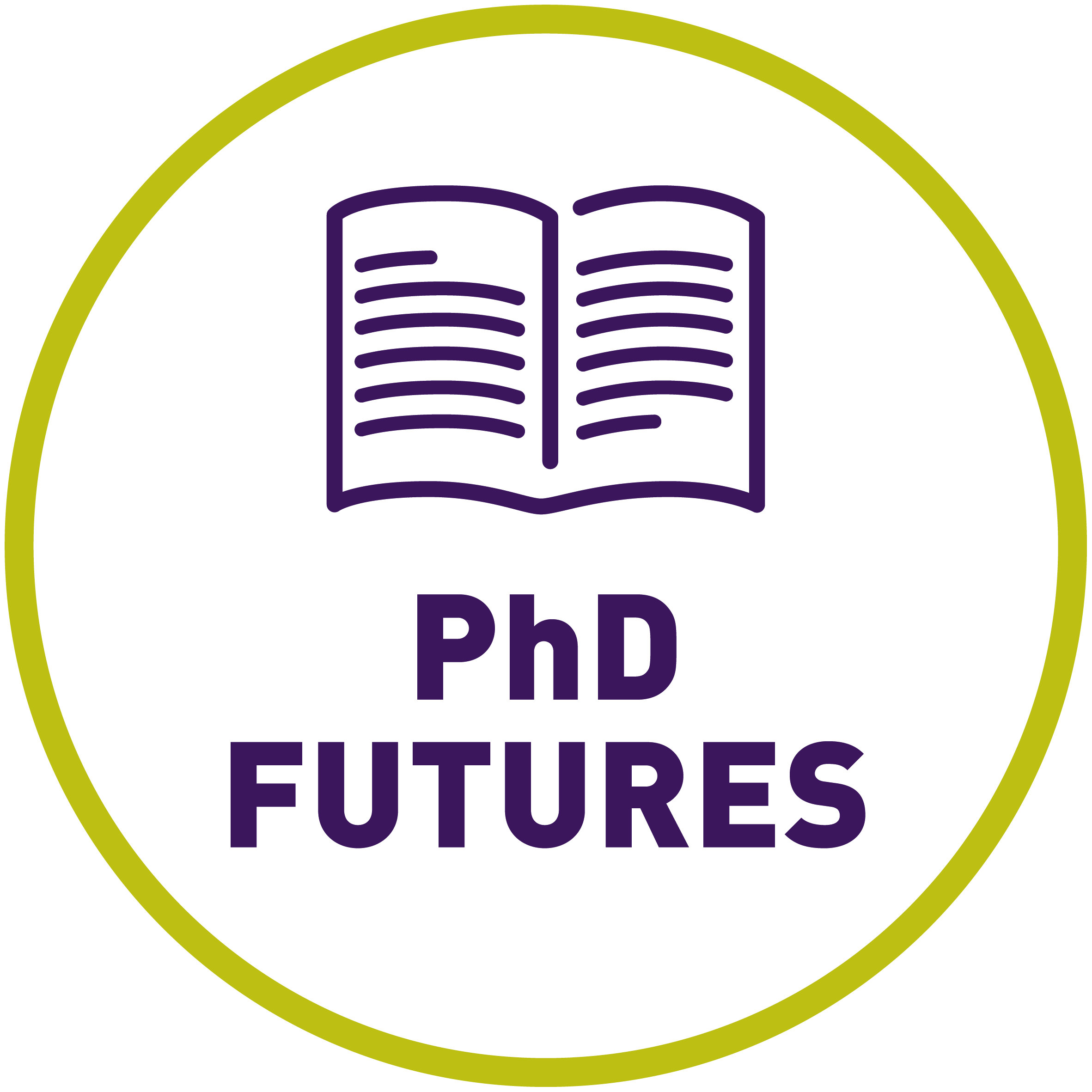 PhD FUTURES in a white circle underneath an open book.
